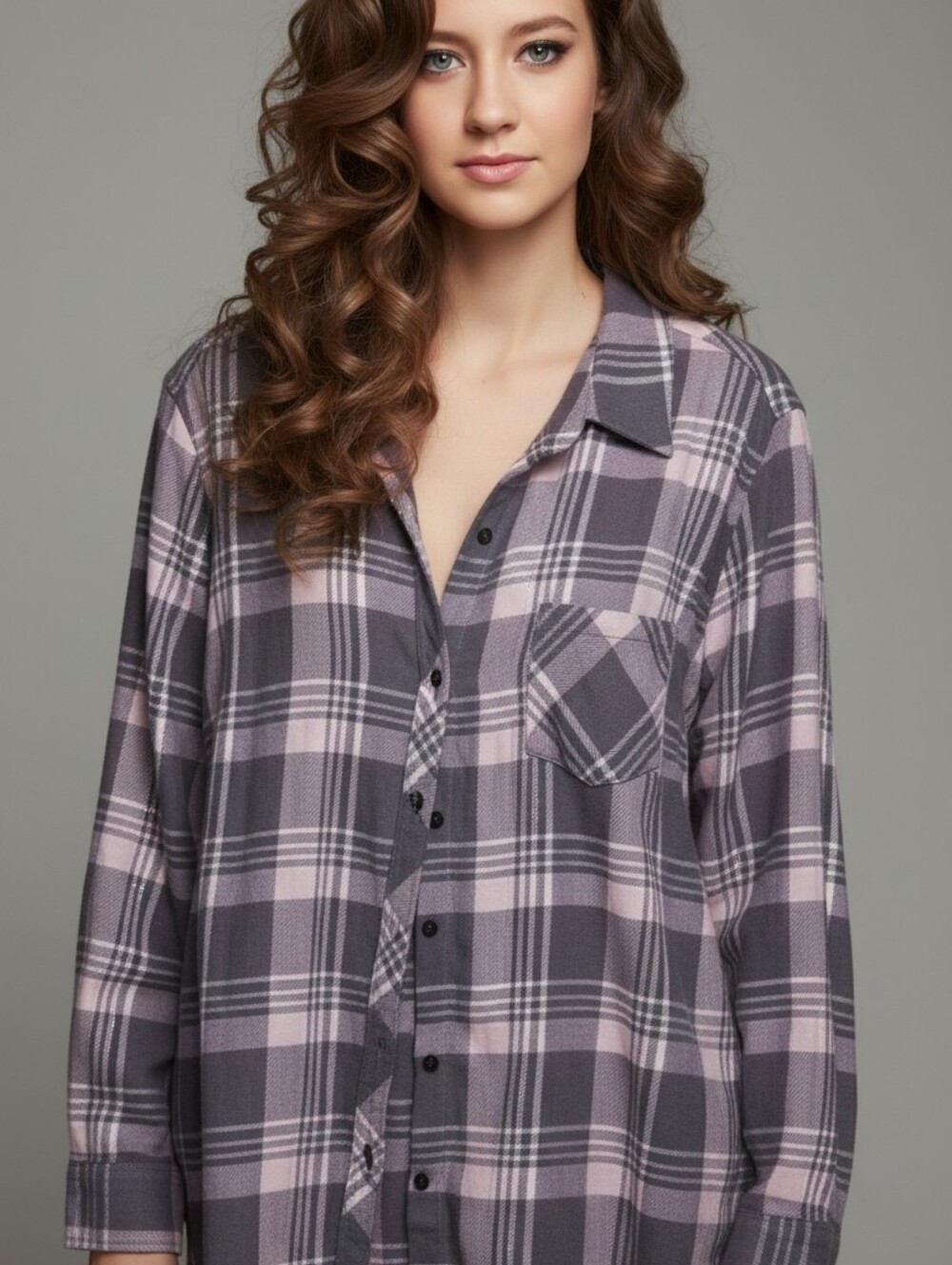 Terra & Sky Lavender and Gray Plaid Button-Front Top